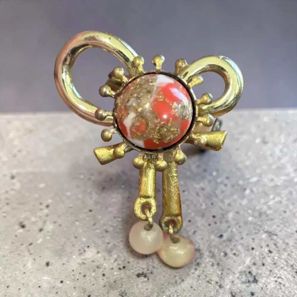 50s Atomic Bow Brooch Confetti Art Glass Faux Pearl Dangle Mid Century